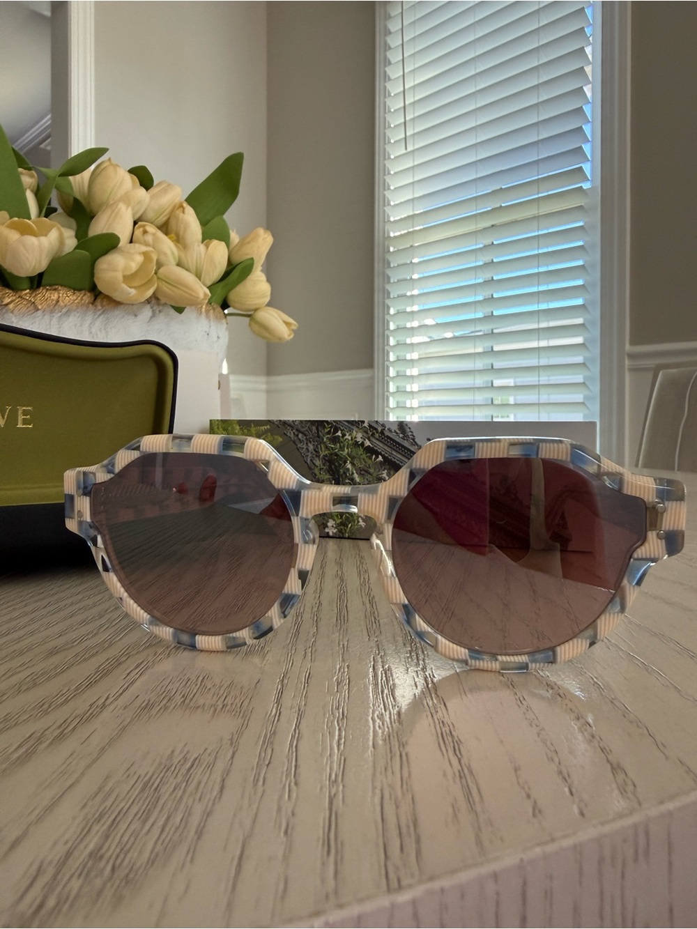 KREWE Beige and Blue Striped Round Sunglasses